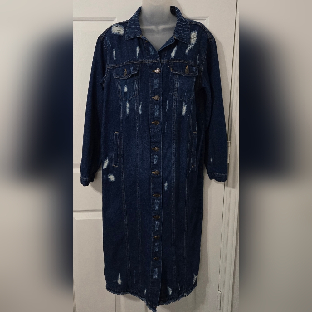 Ladies Blu Edit Denim Duster Sz Medium Distressed Dark Wash Euc